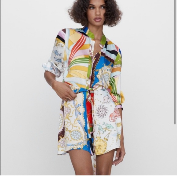 Zara Printed Mini Shirt Dress w/ Tie Belt in Multicolor Pattern - Picture 7 of 7